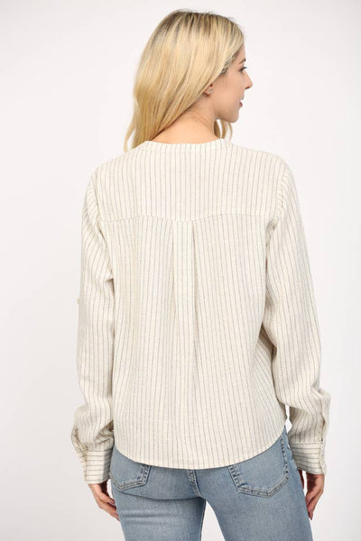 FATE - STRIPE LINEN BLEND TAB SLV SHIRT-LARGE
