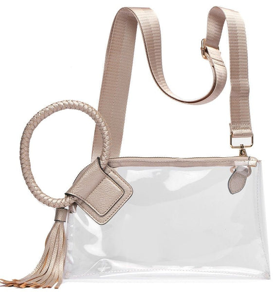 See Through Clear Cuff Handle Tassel Wristlet Clutch/Crossbody