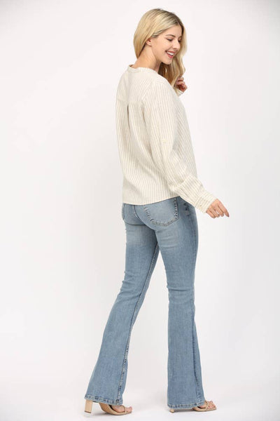 FATE - STRIPE LINEN BLEND TAB SLV SHIRT-MEDIUM