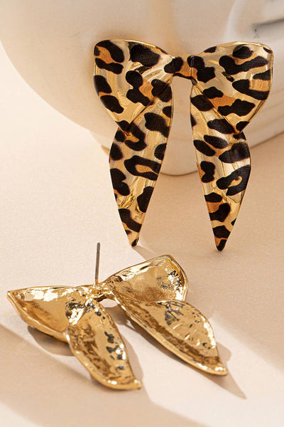 Leopard Print Bow Knot Shape Plated Alloy Earrings: Gold