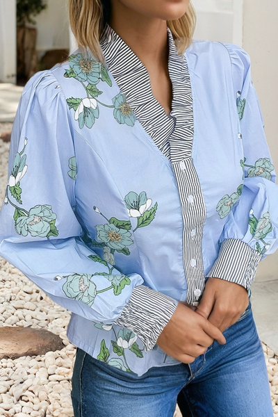 Adaline - Floral Contrast Striped Trim Ruffled Blouse: private label