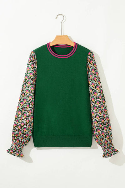 SherryFloral Patchwork Shirred Cuff Puff Sleeve Sweater: Blackish Green / M