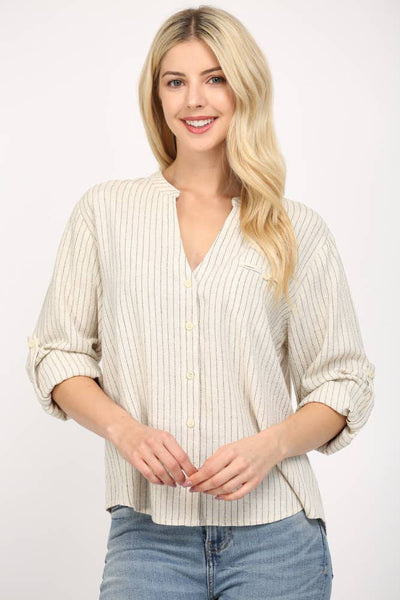FATE - STRIPE LINEN BLEND TAB SLV SHIRT-LARGE