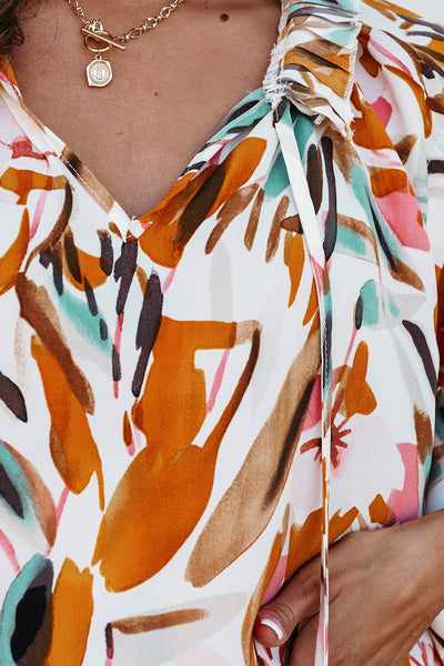 Abstract PrintV Neck Blouse:Yellow / L