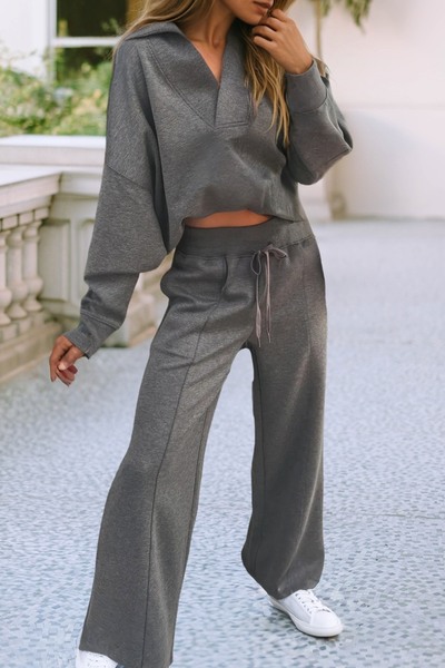 Maggie - Collared V Neck Pullover Sweatshirt Sweatpants Set: private lable
