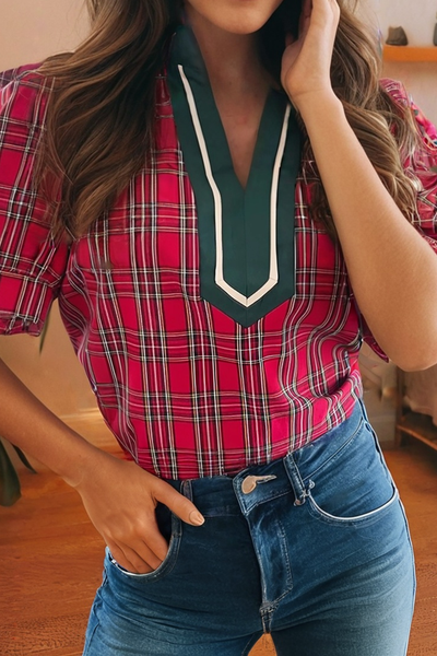 L-Lauren Plaid Print Blouse: Red / Private Label