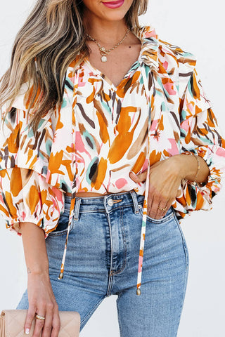 Abstract Print V Neck Blouse:Yellow/S