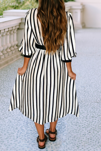Ida - 3/4 Puff Sleeve Shirt Style Button Down Midi Dress: Black and Tan Stripe: private label