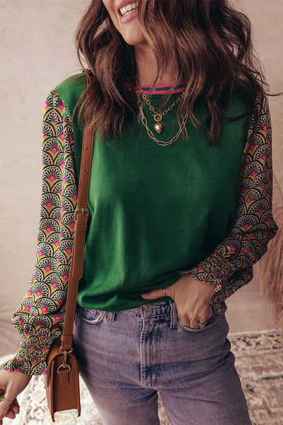 SherryFloral Patchwork Shirred Cuff Puff Sleeve Sweater: Blackish Green / S