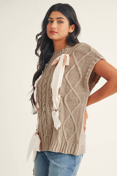Leslie - Satin Bowknot Short Sleeve Sweater
