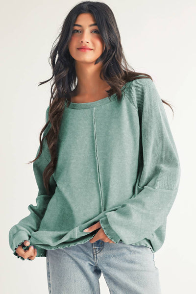 Pat - Waffle Knit Exposed Seam Raglan Sweatshirt: private label