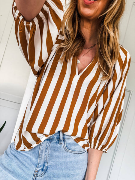 Brown Stripe V Neck Half Sleeve Casual Blouse
