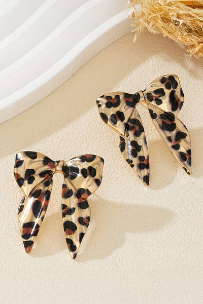 Leopard Print Bow Knot Shape Plated Alloy Earrings: Gold