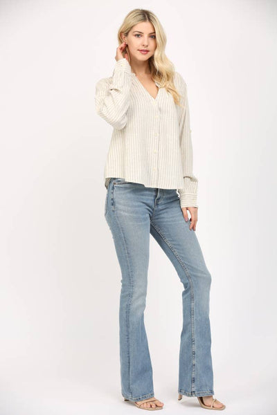 FATE - STRIPE LINEN BLEND TAB SLV SHIRT-LARGE