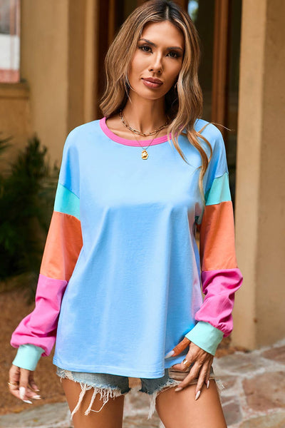Patchwork Long Sleeve Loose Top/ 2XL