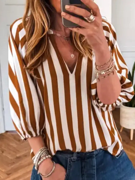Brown Stripe V Neck Half Sleeve Casual Blouse