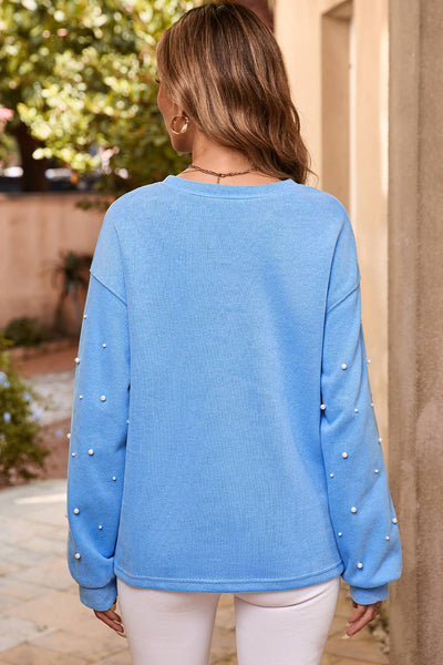 Kinzy: Pearled Sleeves Drop Shoulder Round Neck  Sweatshirt: private label