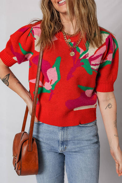 Lakin - Ribbed Trim Floral Print Short Puff Sleeve Sweater: private label