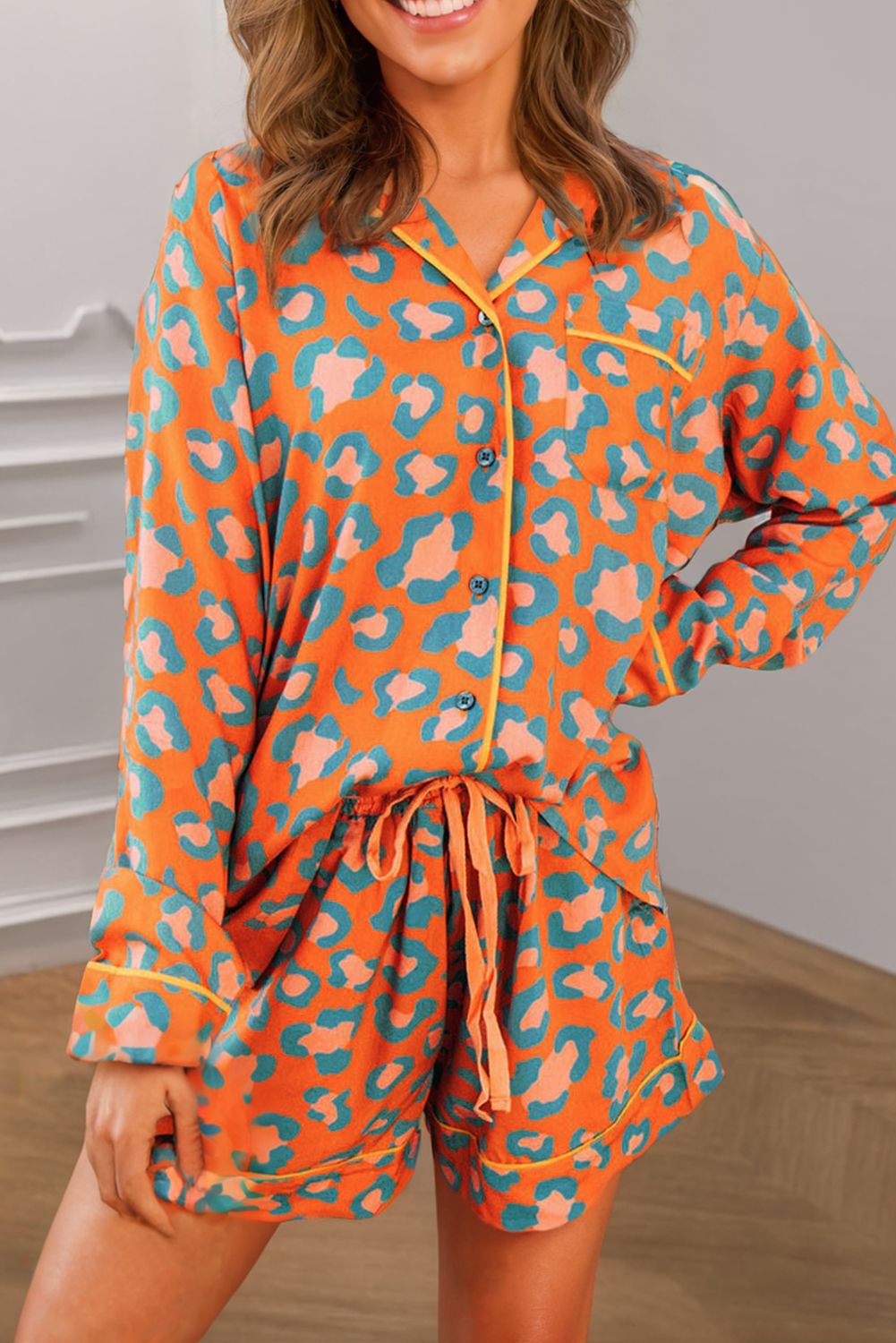 Leopard Print Pajama Set: Orange / L