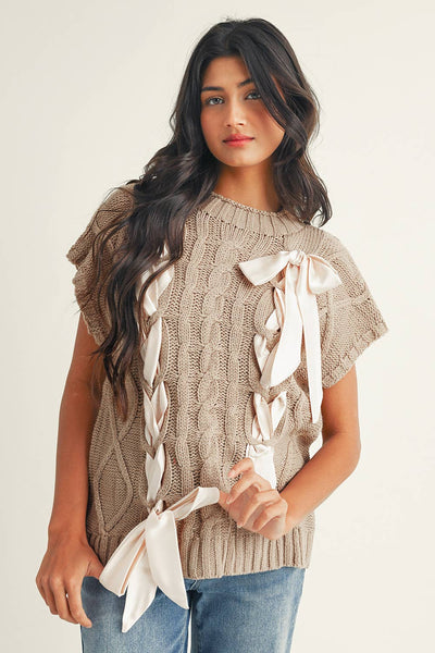 Leslie - Satin Bowknot Short Sleeve Sweater