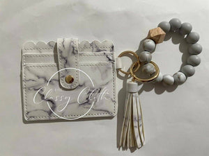 Wristlet Keychain Wallet w/ Silicone Beads & Tassel - White Marble RTS