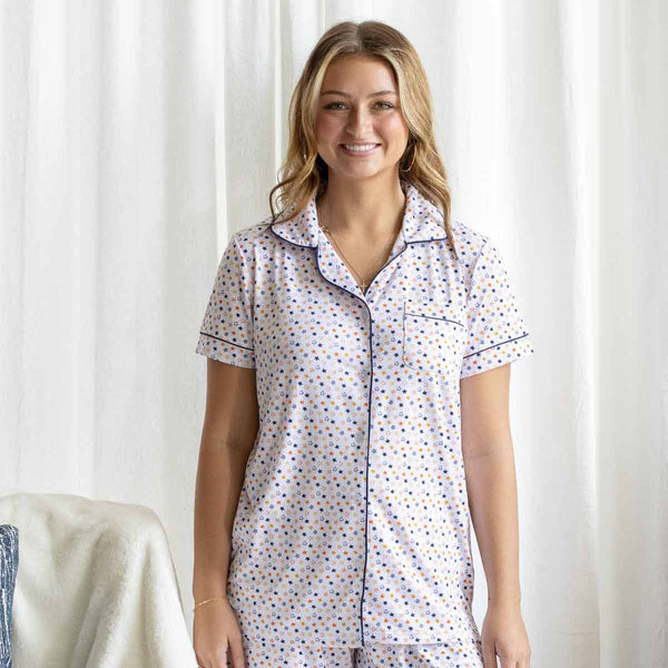 The Royal Standard - Stars Short Sleeve Button Up Sleep Shirt   White/Orange/Blue   -Asst.: Large