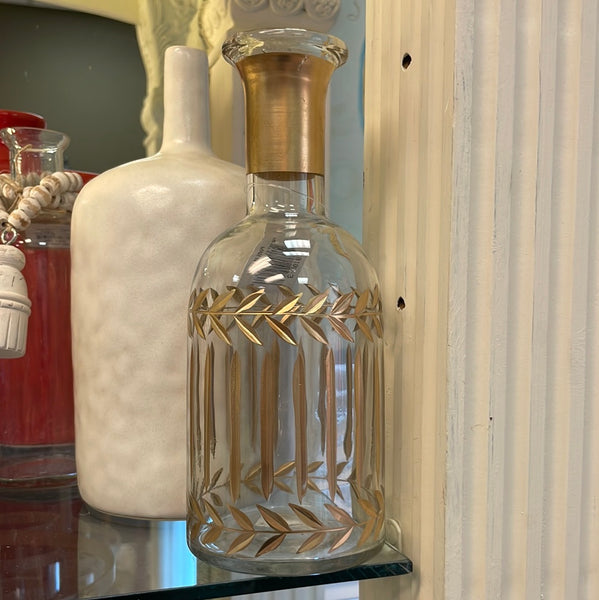 Clear Glass Etched Vase w/Hand painted Gold